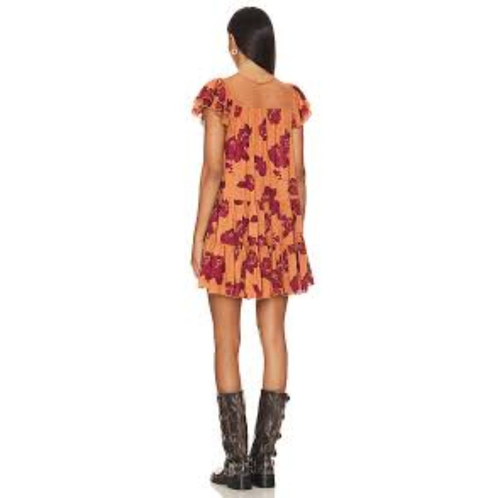 Free People Tilly Printed Tunic Dress Medium Summer Coral & Burgundy Boho - Picture 3 of 9
